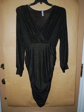 Women Plus Size Cocktail Dress Black Glittery Ruched Wrap Long Sleeve Mini